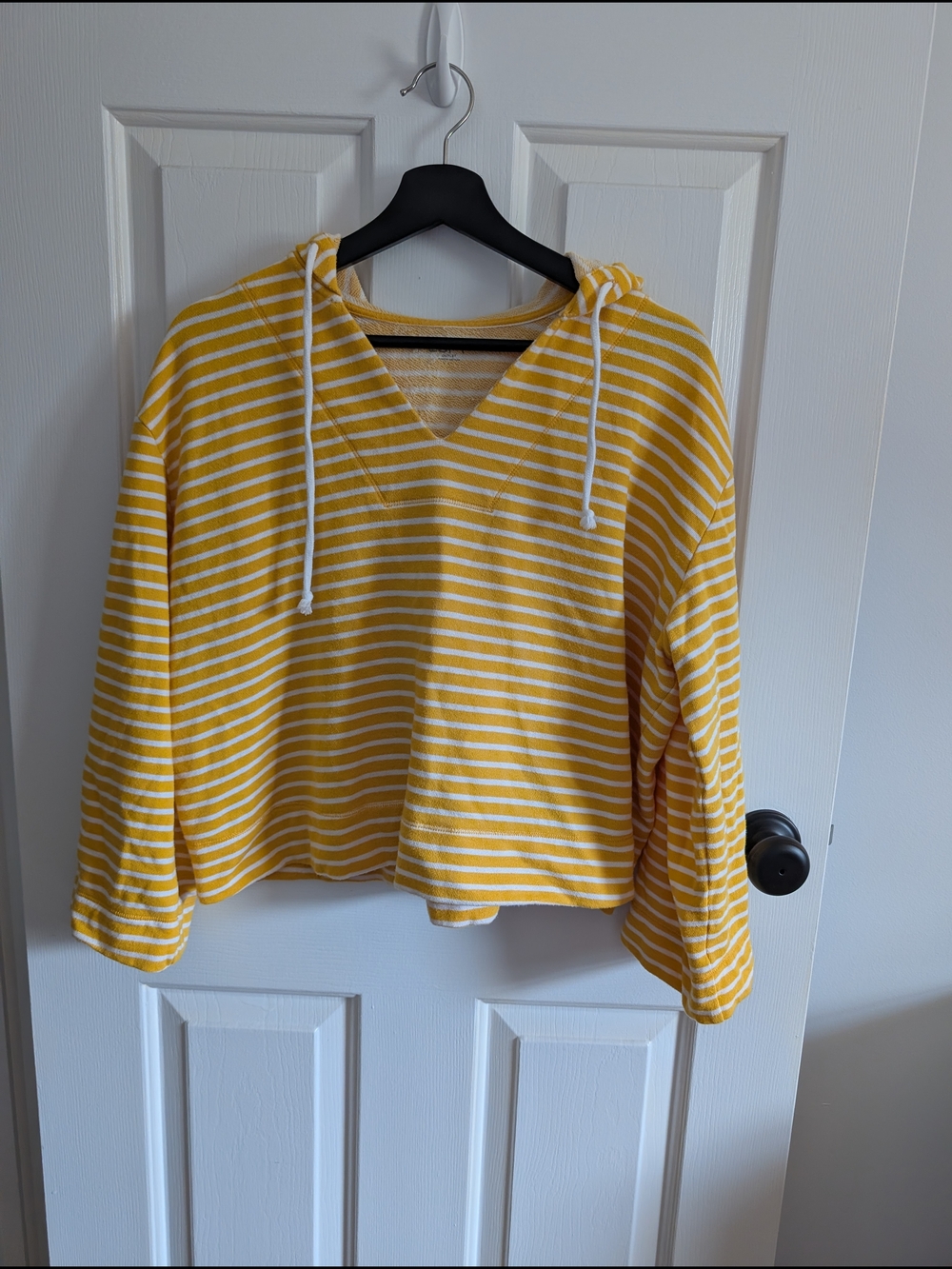 LOFT Women's Yellow and White Striped Cotton Blend V-Neck Hoodie